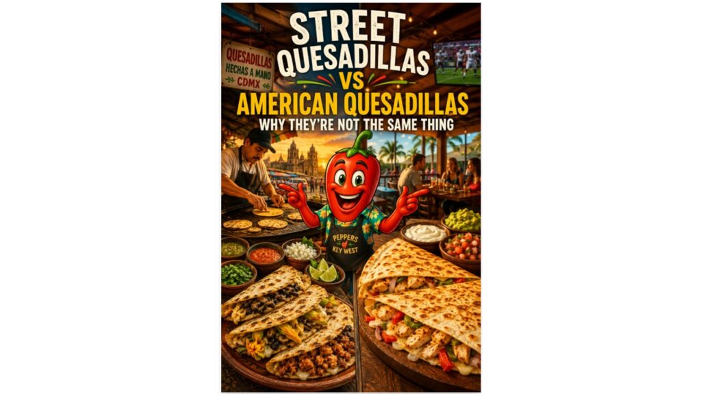 Split-scene comparison of authentic Mexican street quesadillas and American quesadillas featuring a smiling red pepper mascot, handmade corn quesadillas, grilled flour quesadillas, and traditional market ingredients.