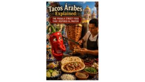 Authentic tacos árabes being carved from a vertical spit by a Puebla taquero and served in traditional pan árabe, with the Peppers of Key West teaching pepper mascot in a colonial Puebla street setting.
