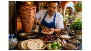 Traditional tacos árabes being carved from a vertical spit inside a family-owned Puebla taquería, served in soft pan árabe with authentic spices and Talavera pottery.