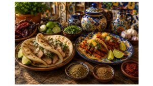 Authentic tacos árabes and tacos al pastor served side by side, comparing Puebla's original spit-roasted pork street food with its famous Mexican descendant using traditional regional ingredients.