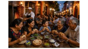 Multi-generational Mexican family enjoying authentic tacos árabes at a traditional family-owned taquería in Puebla while a taquero slices spit-roasted pork in the background.