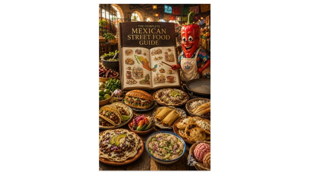 The Complete Mexican Street Food Guide displayed as an illustrated reference book surrounded by authentic Mexican street foods, ingredients, cooking tools, and a teaching pepper mascot in a traditional market.