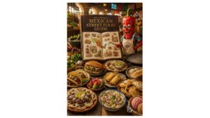 The Complete Mexican Street Food Guide displayed as an illustrated reference book surrounded by authentic Mexican street foods, ingredients, cooking tools, and a teaching pepper mascot in a traditional market.