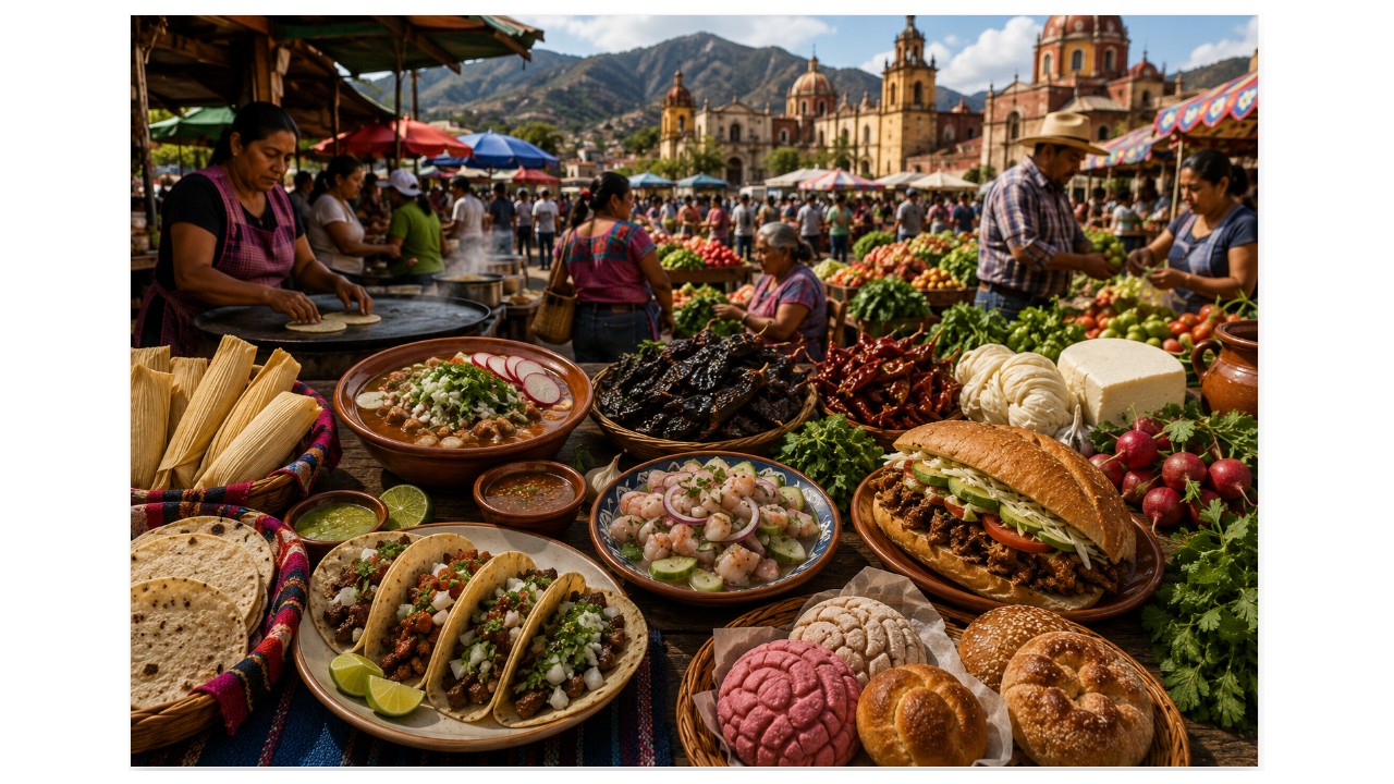 Authentic Mexican street food market featuring regional dishes, fresh ingredients, local vendors, and traditional culinary culture in a vibrant outdoor plaza.