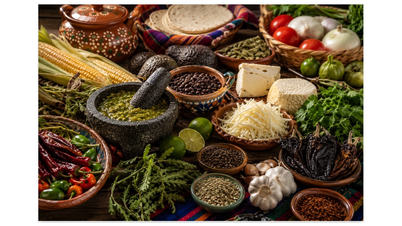 Authentic Mexican ingredients including corn, beans, chiles, herbs, cheeses, limes, and traditional cooking tools arranged on a rustic wooden table.