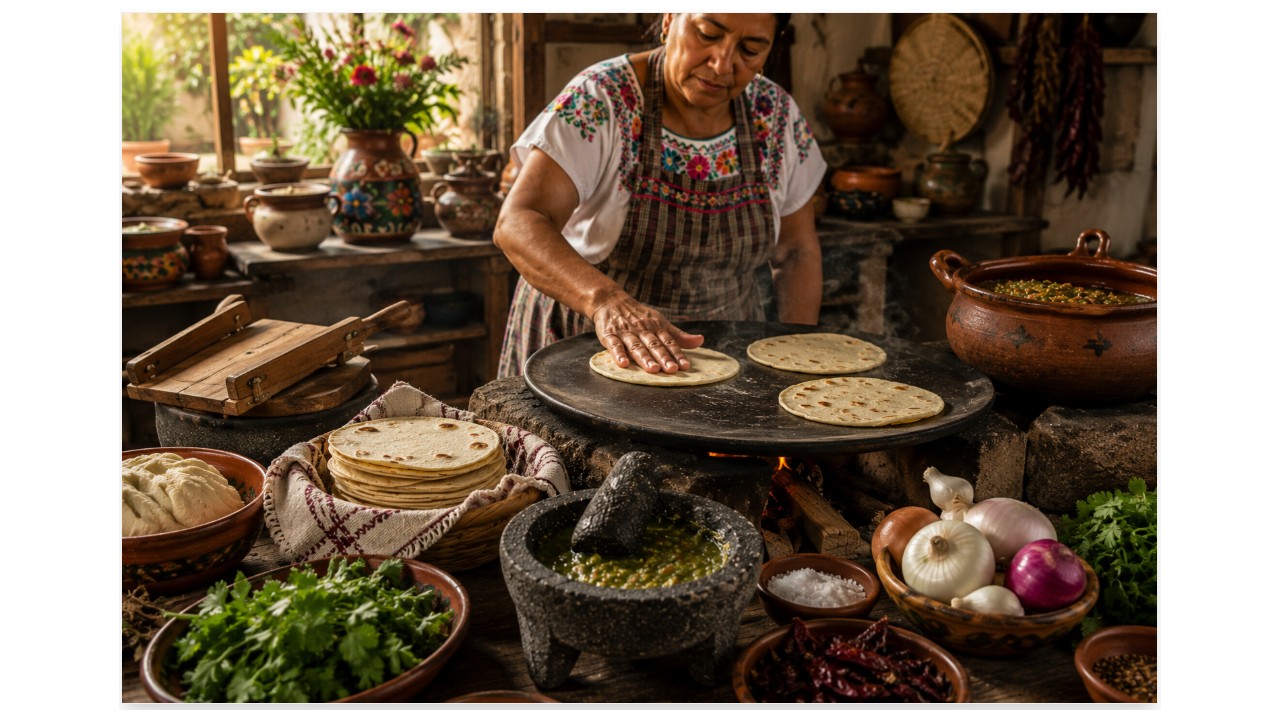 Traditional Mexican home cook preparing handmade tortillas on a hot comal with a molcajete, clay cookware, fresh herbs, dried chiles, onions, and authentic kitchen tools.