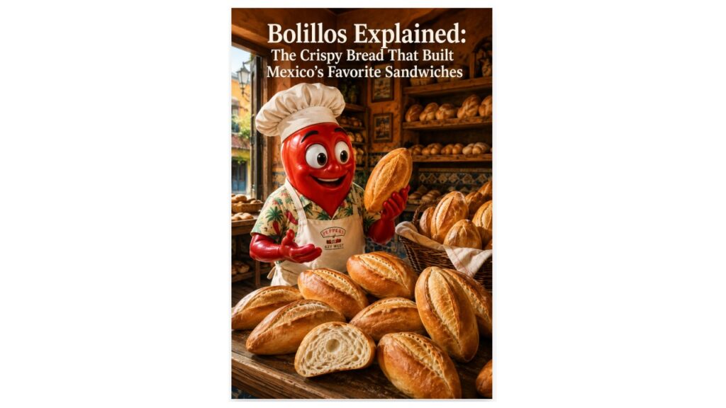 Professor Pepper presents freshly baked golden bolillos inside a traditional Mexican panadería, surrounded by baskets and shelves filled with crisp Mexican bread.