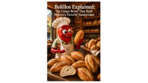 Professor Pepper presents freshly baked golden bolillos inside a traditional Mexican panadería, surrounded by baskets and shelves filled with crisp Mexican bread.