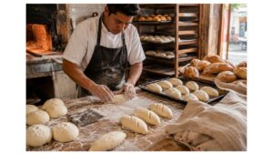 Mexican baker shaping bolillo dough by hand inside a traditional panadería with scored dough, freshly baked bread, wooden racks, and a working oven.