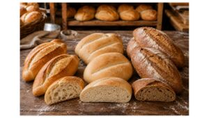 Traditional Mexican bolillo, telera, and birote salado breads displayed together, showing differences in shape, crust, scoring, and interior crumb.