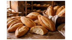 Freshly baked Mexican bolillos with crisp golden crusts and soft airy interiors displayed on a rustic wooden counter inside a traditional panadería.