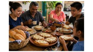 Mexican family sharing traditional molletes made with bolillos, refried beans, and melted cheese alongside pico de gallo and salsa at breakfast.
