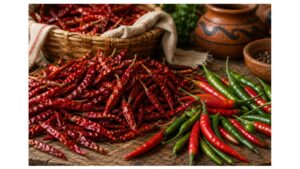 Fresh green and ripe red chile de árbol peppers beside dried red chiles on a rustic Mexican market table, showing the pepper before and after drying.