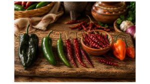 Poblano, jalapeño, serrano, dried chile de árbol, and orange habanero peppers arranged from mild to fiery to illustrate chile de árbol’s relative heat.