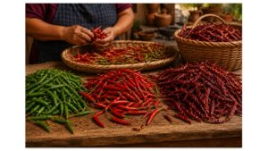 Mexican food artisan sorting fresh green, ripe red, and dried chile de árbol peppers, showing how the chile changes as it ripens and dries.
