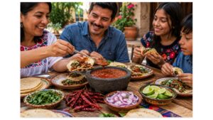 Mexican family sharing tacos with fiery chile de árbol salsa served in a traditional molcajete alongside dried red chiles, lime, onion, and cilantro.