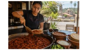 Young Mexican cook serving traditional chilorio with tortillas, beans, onion and lime in Mocorito, Sinaloa