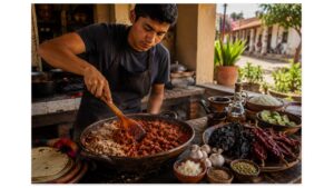 Young Mexican cook preparing traditional chilorio by mixing shredded pork with dried chile sauce in a Sinaloa kitchen