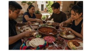 Young Mexican family and friends sharing traditional chilorio tacos with tortillas, beans and pickled onions in Sinaloa