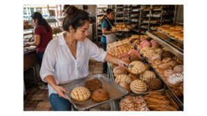 Young Mexican woman selecting a traditional concha with bakery tongs and a metal tray inside a neighborhood Mexican panadería