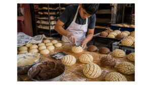 Mexican baker scoring vanilla and chocolate conchas by hand on a flour-dusted worktable inside a traditional neighborhood panadería.