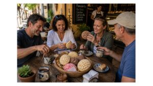 Travelers enjoying Mexican conchas with coffee at a neighborhood panadería in Mexico
