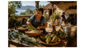 Purépecha woman prepares traditional corundas with fresh corn masa and green maize leaves in a rustic Michoacán courtyard kitchen.
