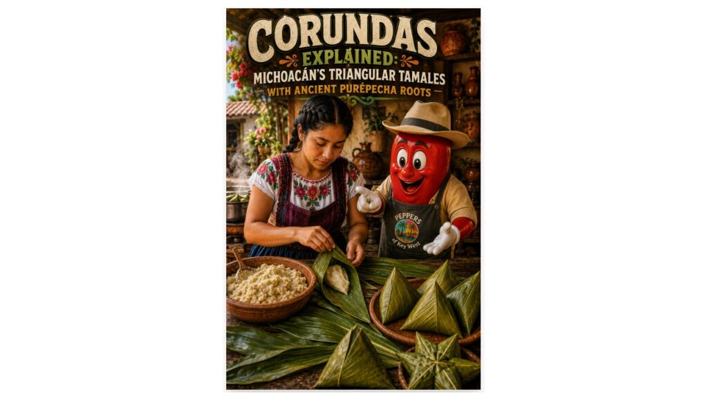 Professor Pepper teaches alongside a Purépecha cook preparing traditional triangular corundas with fresh corn masa and green maize leaves in Michoacán, Mexico.