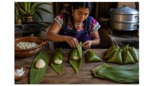 Young Purépecha woman folds fresh corn masa in green maize leaves to make traditional triangular corundas in a Michoacán kitchen.