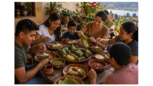Young Mexican family shares traditional corundas with red and green salsa, crema, and cheese around an outdoor table overlooking Lake Pátzcuaro in Michoacán.