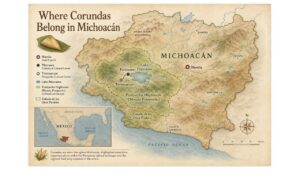 Map of Michoacán highlighting Morelia, Pátzcuaro, Tzintzuntzan, Lake Pátzcuaro, the Purépecha Highlands, and regions associated with traditional corundas.