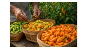 Freshly harvested datil peppers progressing from green to ripe orange in wooden baskets at a St. Augustine, Florida-area farm.