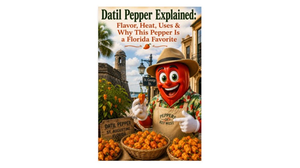 Professor Pepper holding a ripe orange datil pepper beside baskets of fresh datils in historic St. Augustine, Florida