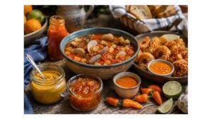 Minorcan-style clam chowder, fried shrimp, datil pepper sauce, mustard, jelly, and fresh datil peppers on a rustic St. Augustine table.