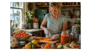 cook wearing gloves prepares fresh orange datil peppers for homemade hot sauce in a sunlit St. Augustine, Florida kitchen.