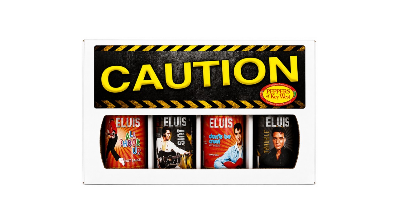 Elvis hot sauce gift box with All Shook Up, Elvis sauce, Don’t Be Cruel and T-R-O-U-B-L-E hot sauces