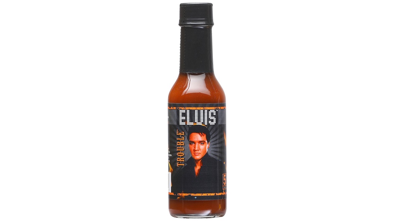 Elvis T-R-O-U-B-L-E Hot Sauce bottle with smoky chipotle, garlic and onion flavor