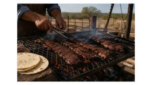 Skirt steak grilling over an open fire with warm flour tortillas nearby in a rustic South Texas ranch setting.