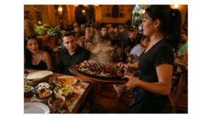 server carries a steaming cast-iron platter of steak fajitas with onions and peppers through a busy Tex-Mex restaurant as nearby diners look on.