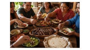 Family and friends build steak fajitas with grilled skirt steak, warm flour tortillas, peppers, onions, salsa and guacamole around a casual table.