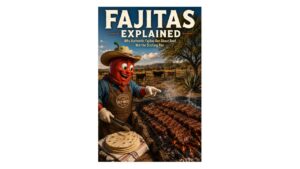 Professor Pepper points toward skirt steak grilling over an open fire with flour tortillas and cattle in a South Texas borderlands ranch setting.