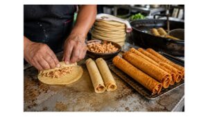 Mexican cook rolling shredded chicken flautas beside uncooked rolled tortillas and freshly fried golden flautas at a traditional Mexican food stand.