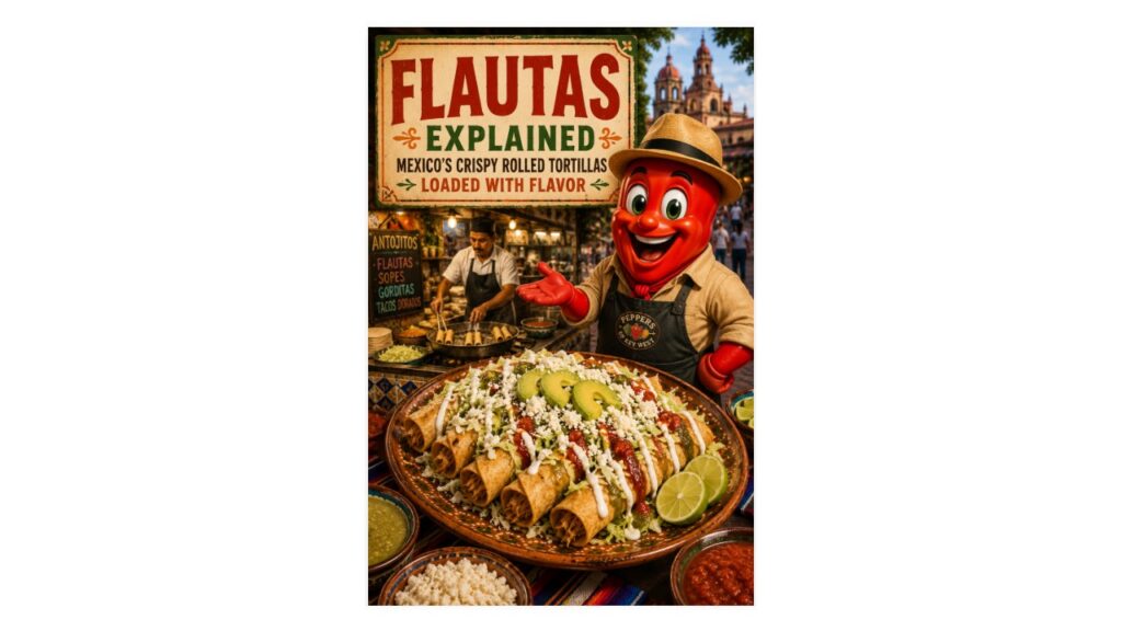 Professor Pepper presents golden Mexican flautas topped with salsa, crema, queso fresco, lettuce, avocado, and lime at a traditional Mexican antojito stand.
