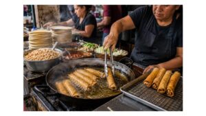 Mexican cook frying long rolled flautas in hot oil with freshly fried flautas, tortillas, shredded chicken, salsa, crema, lettuce, and cheese nearby.