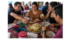 Friends sharing freshly prepared Mexican flautas topped with lettuce, crema, cheese, salsa, avocado, and lime at a busy neighborhood fonda.