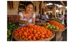 Fresh orange habanero peppers displayed in baskets at a traditional market in Mexico's Yucatán Peninsula.