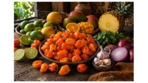Fresh orange habanero peppers with lime, tropical fruit, onion, garlic, and cilantro on a rustic Yucatán kitchen table.