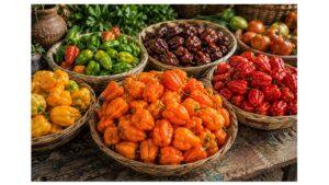 Orange, red, yellow, chocolate, and green habanero peppers displayed together in traditional woven baskets.