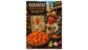 Professor Pepper teaches habanero flavor, Scoville heat, and cooking uses beside fresh orange habanero peppers in a Yucatán market.
