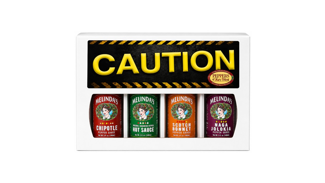 Melinda’s Hot Sauce Gift Box with Chipotle, Original Habanero, Scotch Bonnet and Naga Jolokia Ghost Pepper sauces